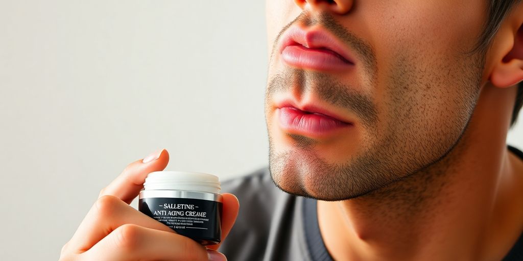 Man applying anti-aging cream on his neck.
