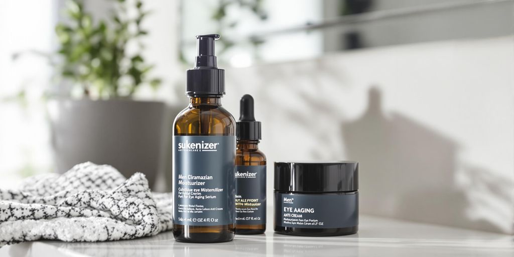 Men's skincare products on a countertop for anti-aging routine.