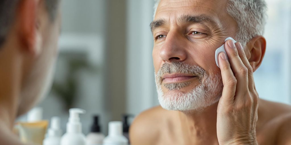 Mature man applying face cream in a bathroom.