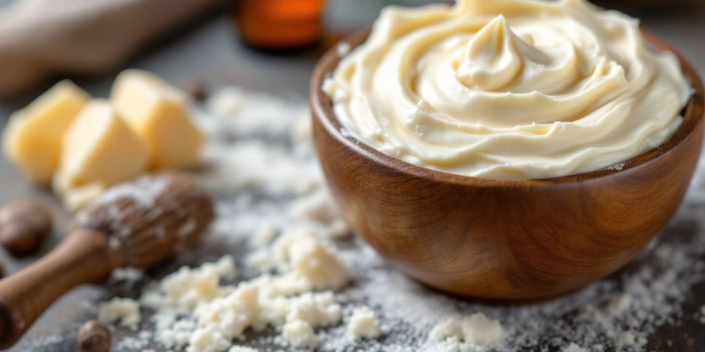 Tallow-based shaving cream in a wooden bowl with ingredients.