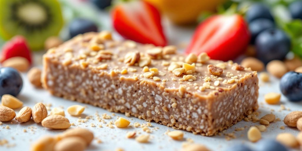 Collagen protein bar with fruits and nuts on display.