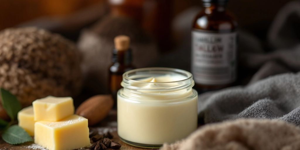 Tallow-based aftershave in a glass jar with ingredients.
