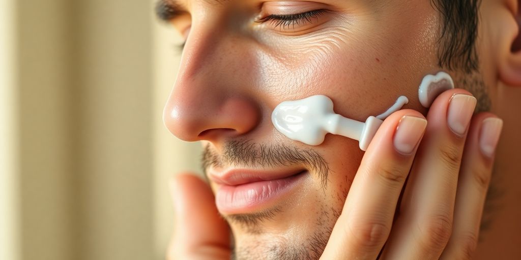 Man applying moisturizer for youthful skin care.