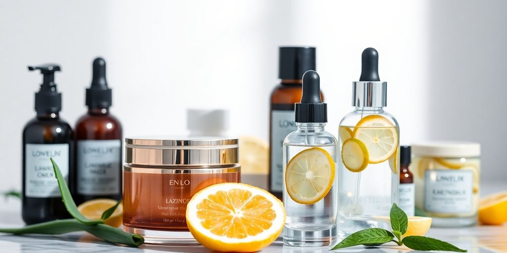 Skincare products on a wooden table with natural elements.