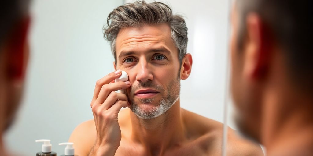 Man applying moisturizer in bright bathroom setting.