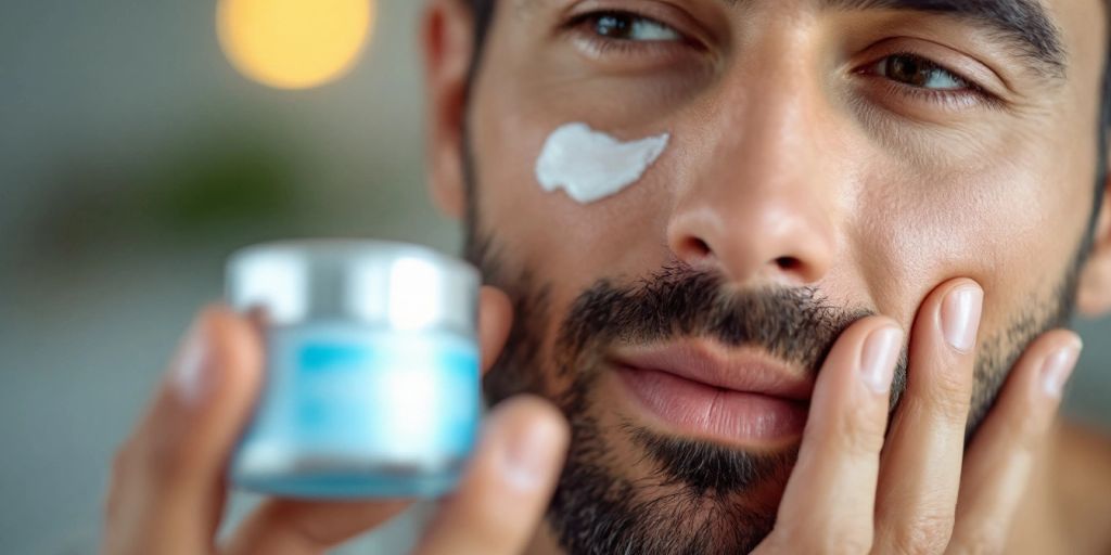 Man applying wrinkle cream for youthful skin.