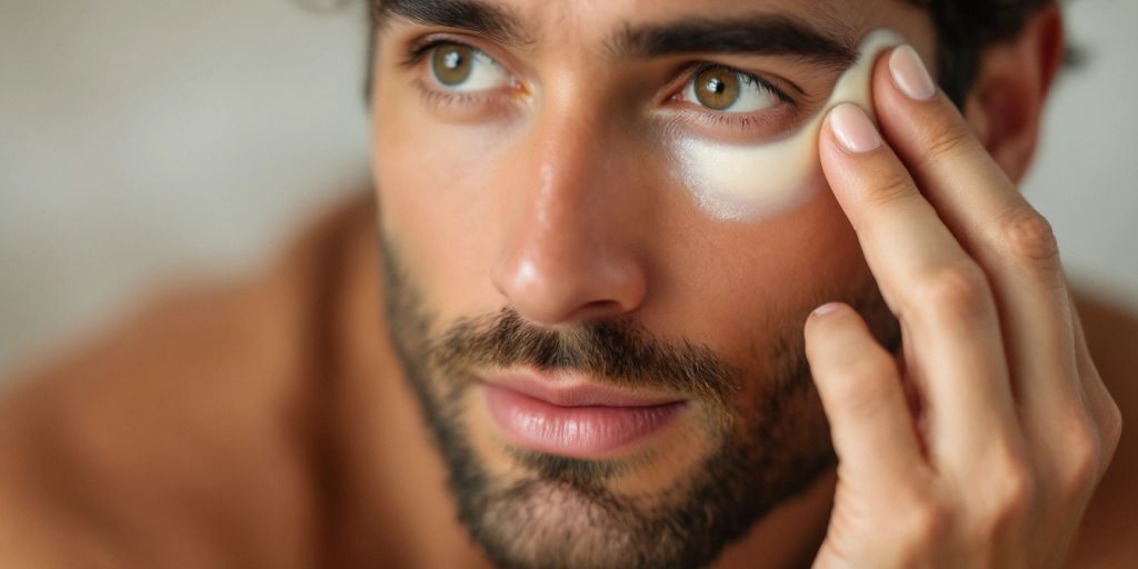 Man applying tallow eye cream for puffy eyes.