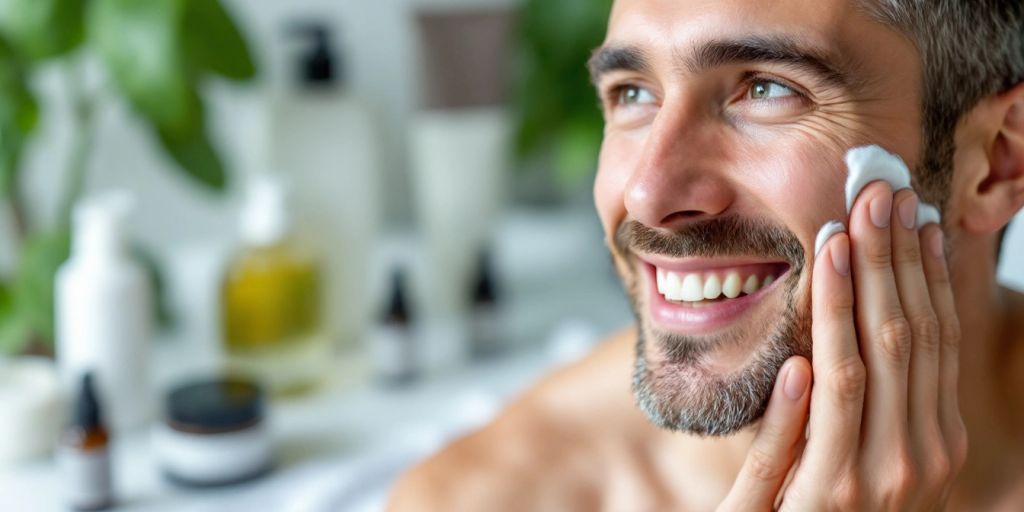 Man applying moisturizer for youthful skin care.