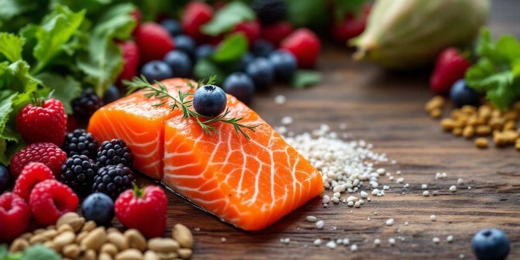 Collagen-boosting foods for men's skin vitality on a table.