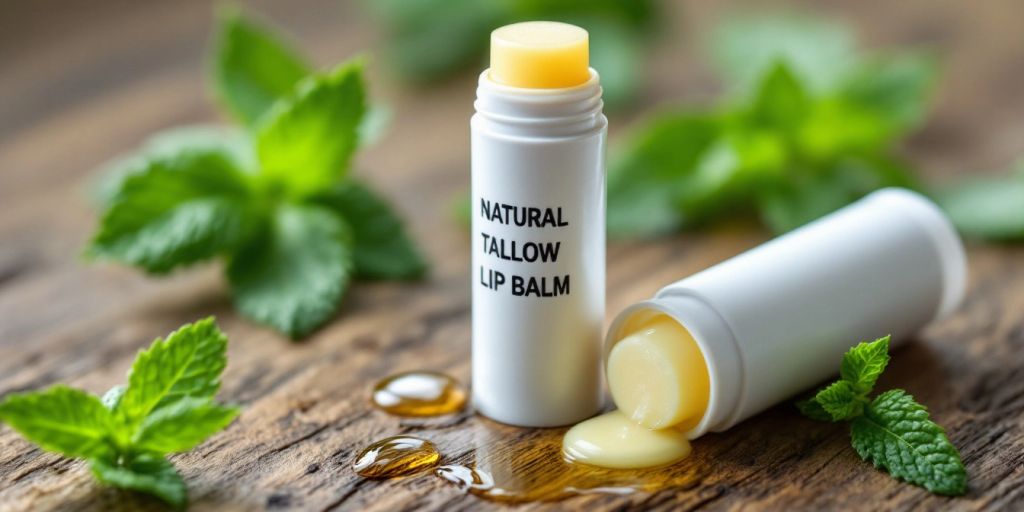 Natural tallow lip balm with mint leaves on wood.