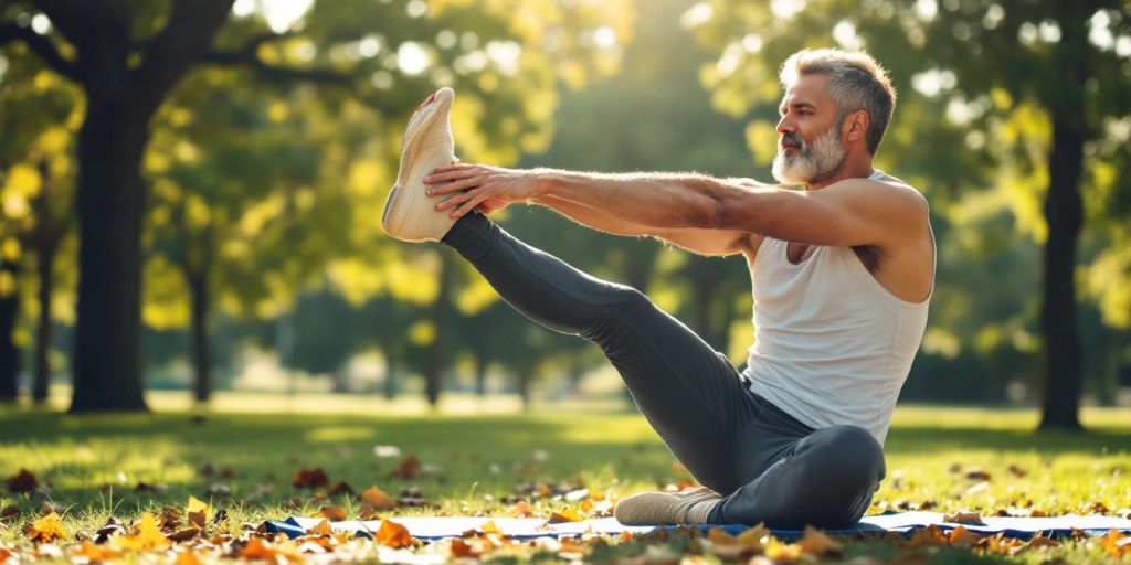 Man stretching in a park, enjoying mobility and health.
