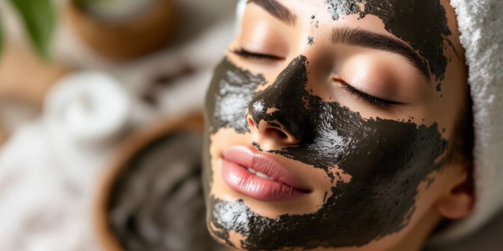 Woman applying Dead Sea mud mask for glowing skin.