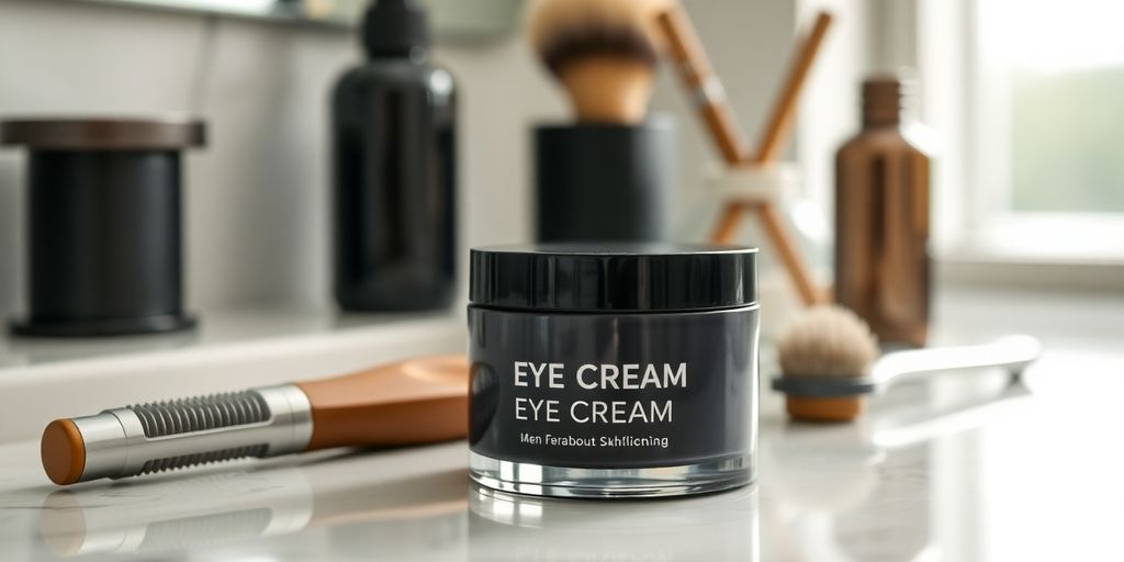 Men's eye cream jar on a bathroom counter.