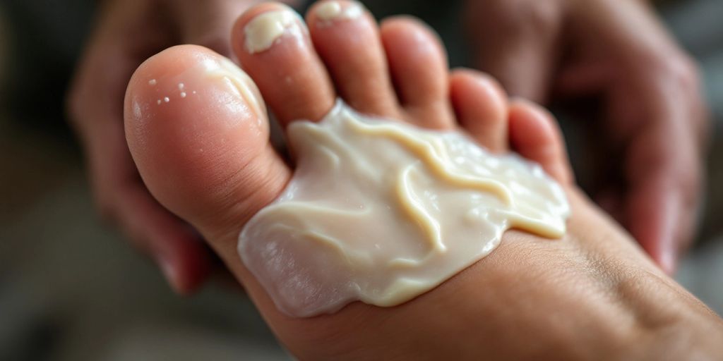 Man's foot with cracked heels and tallow foot cream.