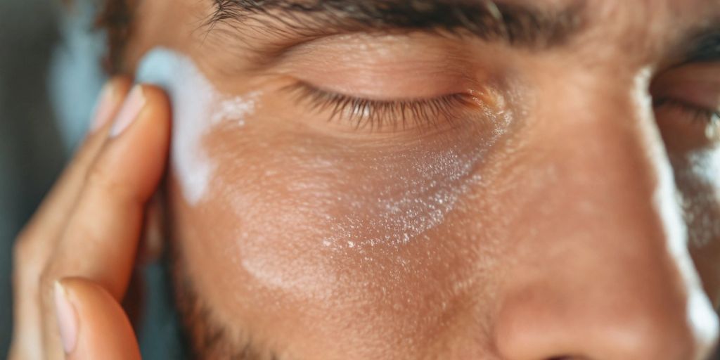 Man applying peptide serum under his eyes.