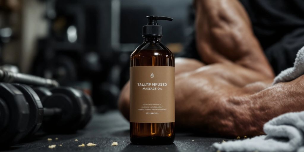 Tallow-infused massage oil next to a muscular arm.