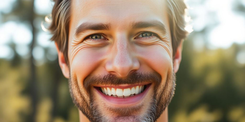 Mature man with glowing skin smiling outdoors.