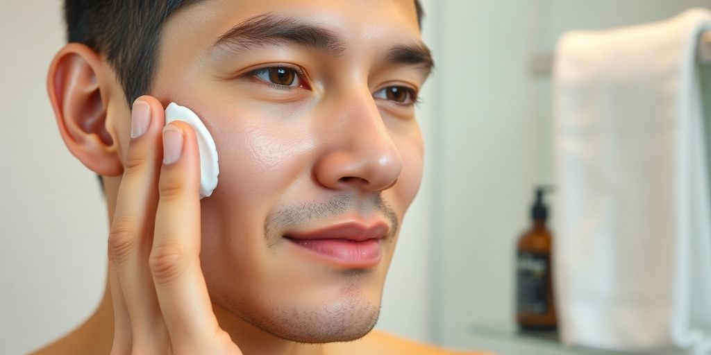Man applying Korean anti-aging cream on his face.