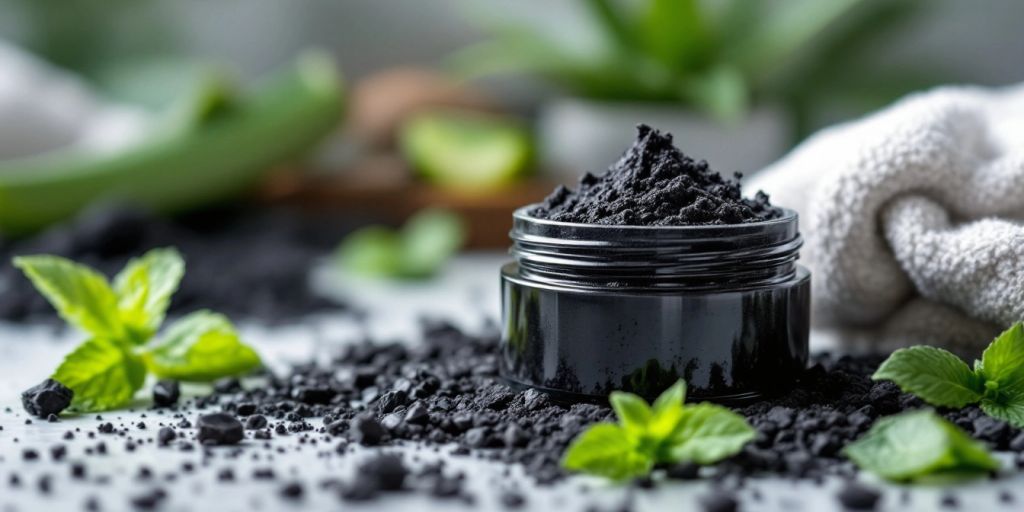 Charcoal face scrub jar with natural ingredients on counter.