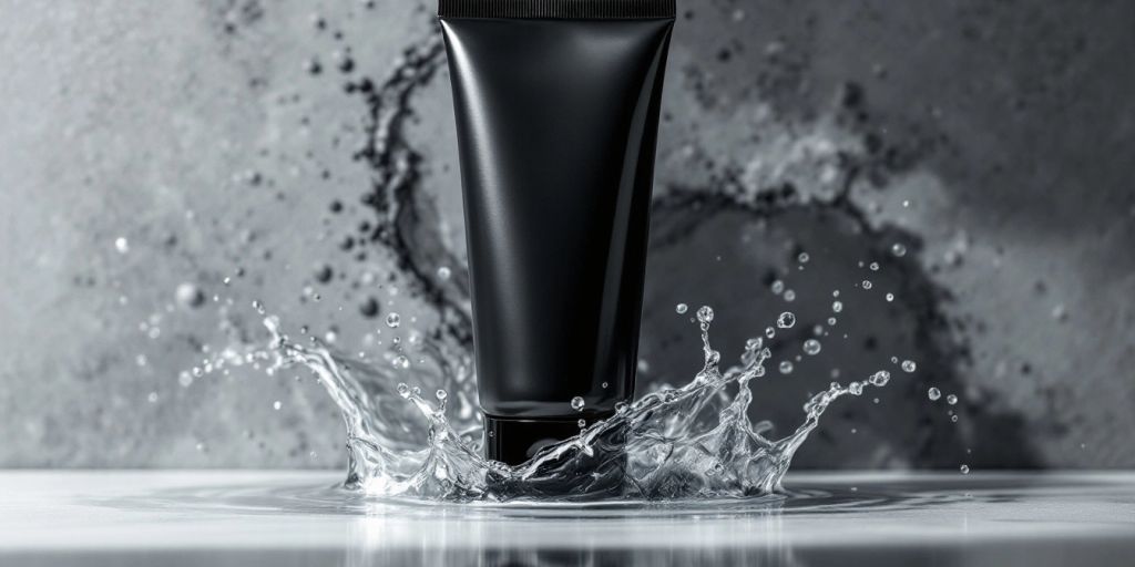 Charcoal cleanser tube with water splash on surface.