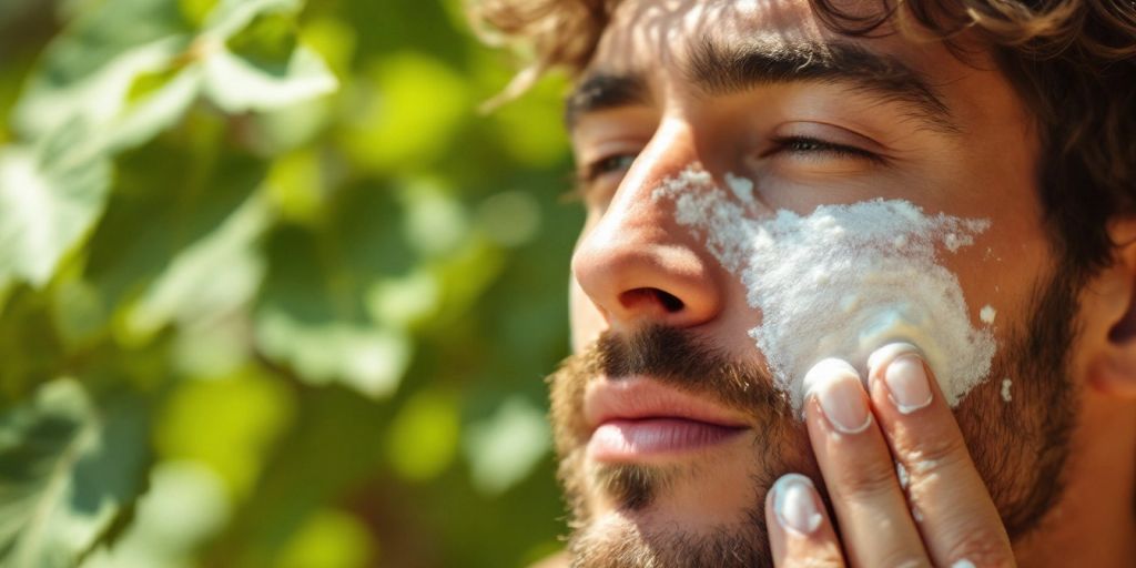 Man applying organic tallow sunscreen outdoors.