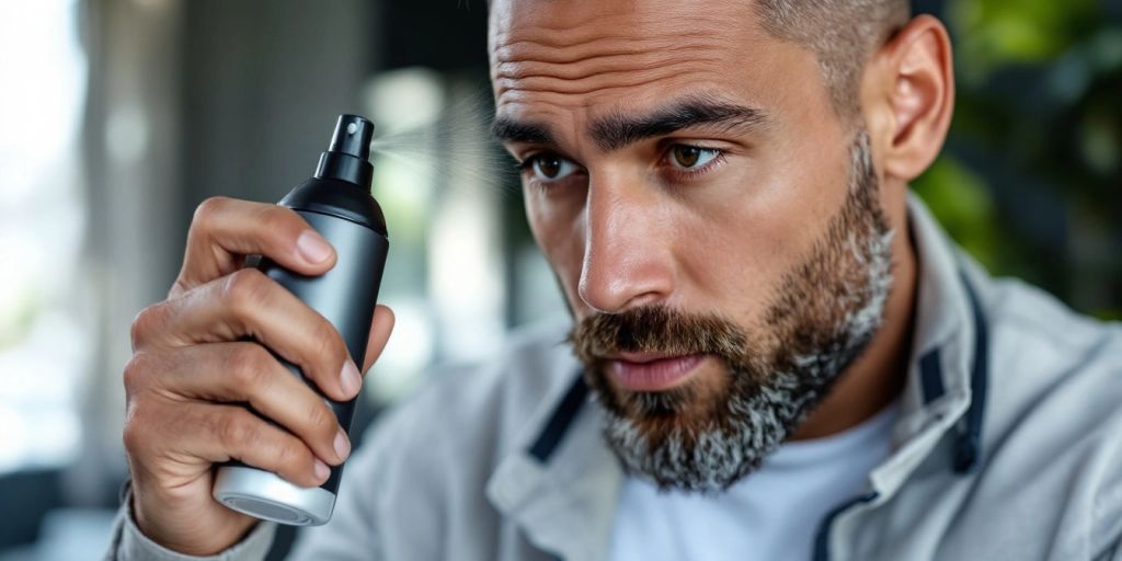 Man using peptide spray on thinning hair.
