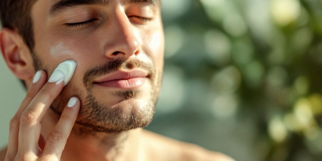 Man applying peptide-infused moisturizer to his face.