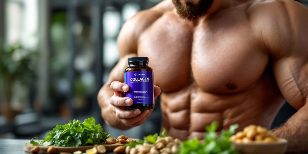 Man with collagen supplement in a gym setting.