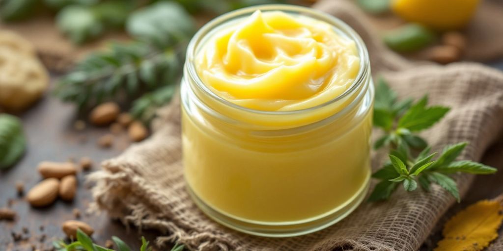 Jar of grass-fed tallow with herbs for men's skin care.