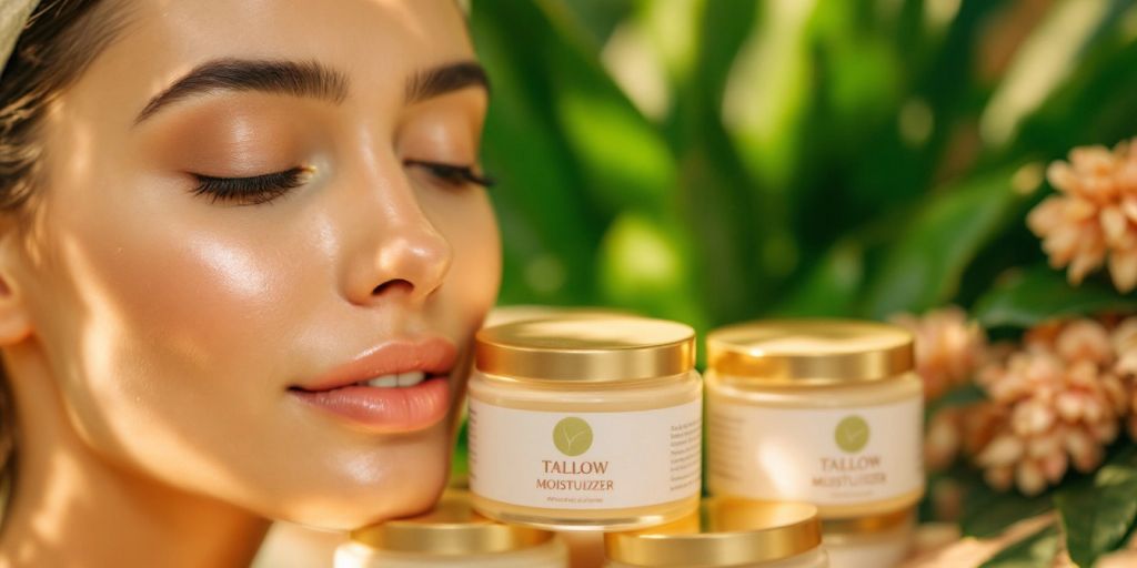 Radiant skin with tallow moisturizer jars in background.