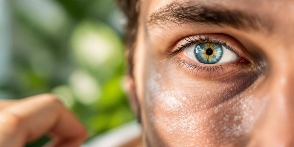 Man applying organic eye cream for dark circles.