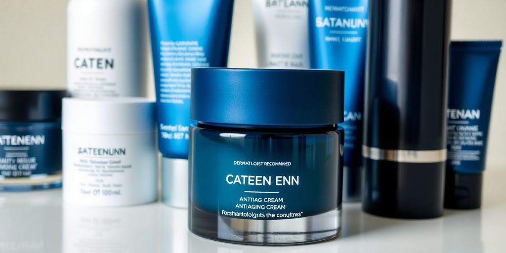 Men's anti-aging creams in sleek packaging on a surface.