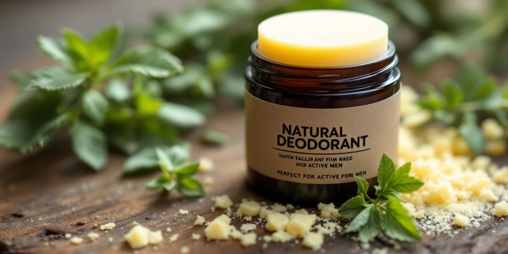 Natural deodorant stick with tallow on wooden surface.