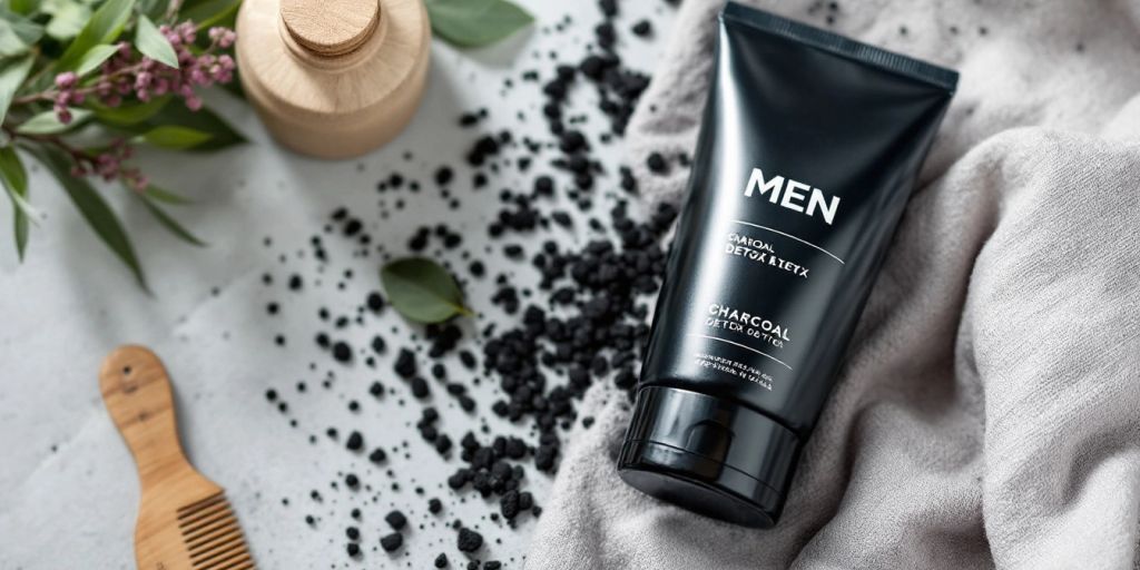 Charcoal detox products with grooming items on a clean surface.