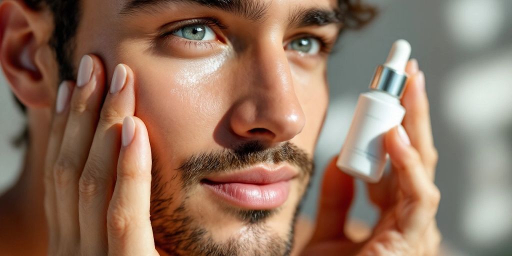 Man applying peptide serum for youthful skin.