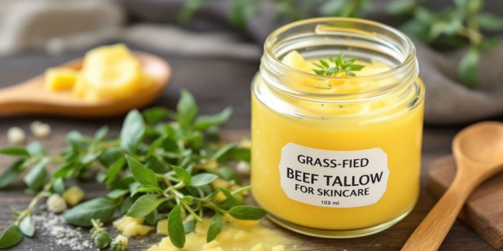 Jar of grass-fed beef tallow with herbs.