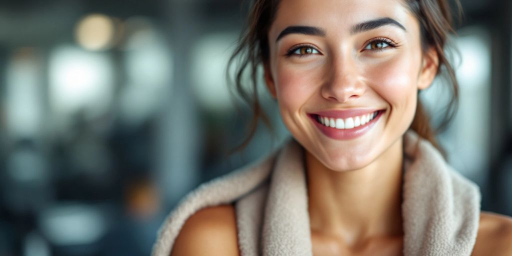 Young woman smiling after workout, showcasing clear skin.