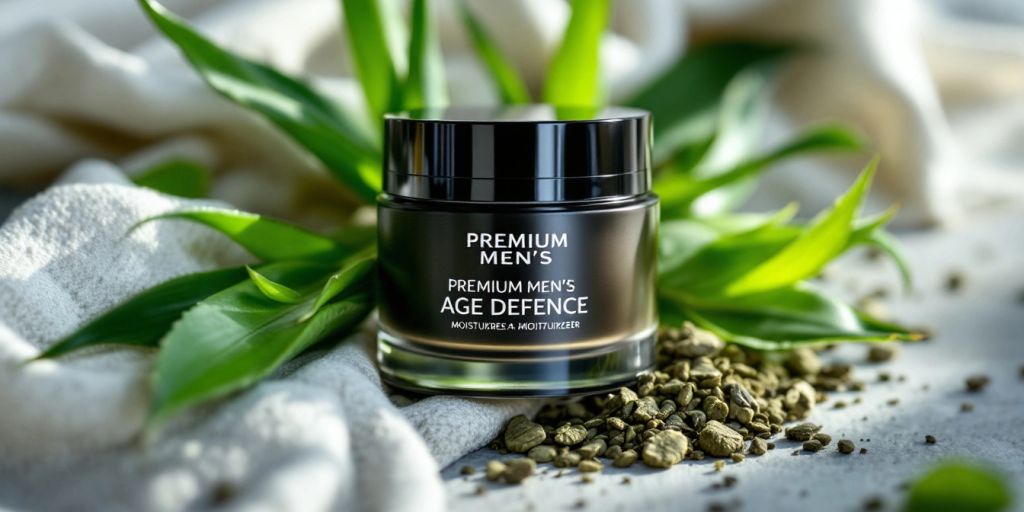 Men's age defense moisturizer with natural ingredients.