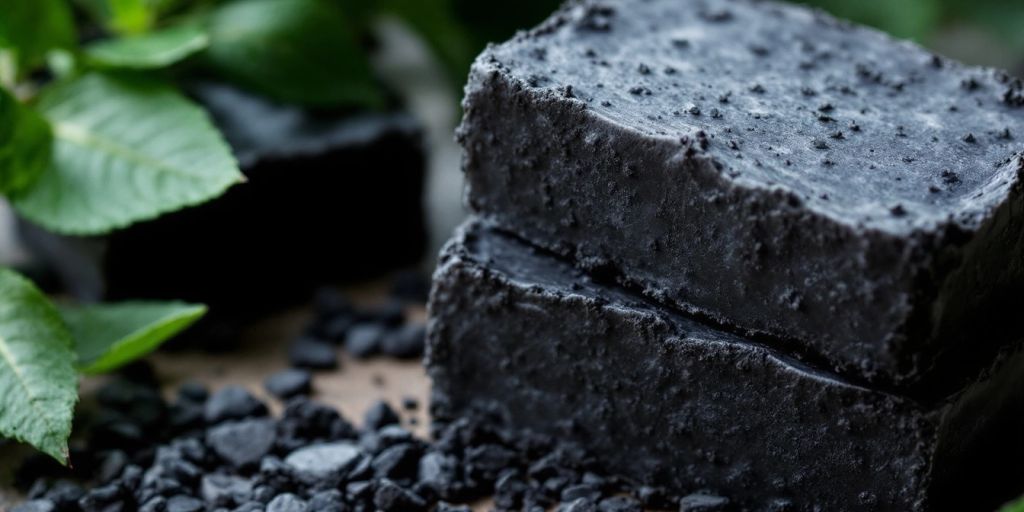 Activated charcoal soap bars with green leaves background.
