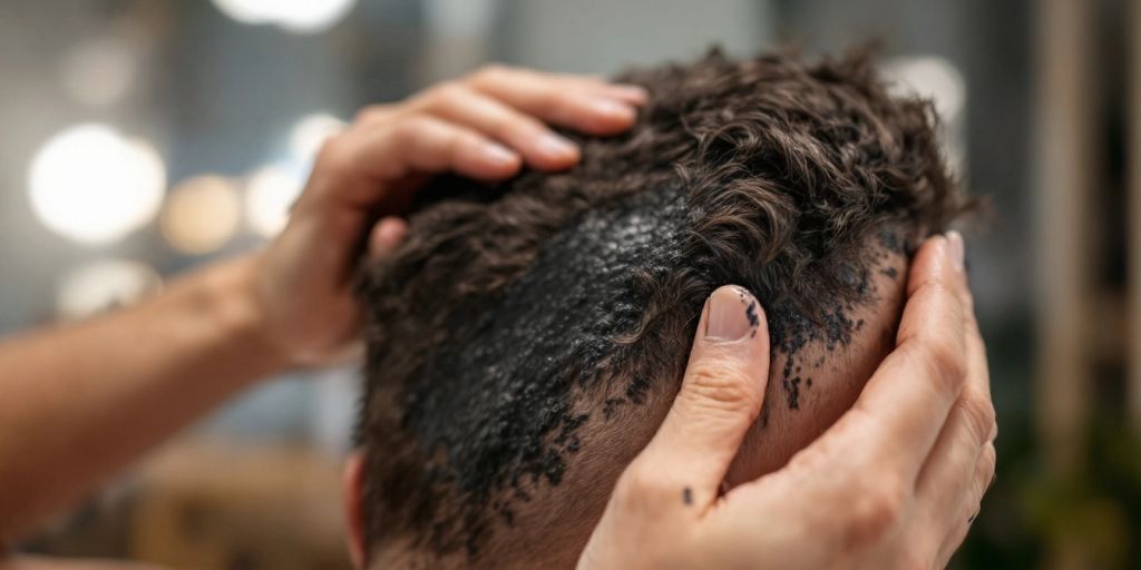 Man applying charcoal scalp treatment in a bathroom.