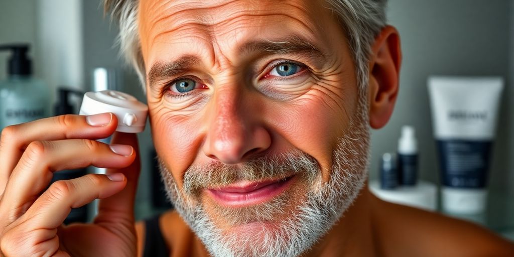 Man applying face cream for youthful skin.