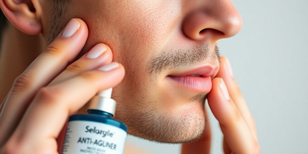 Man applying anti-aging moisturizer on his face.