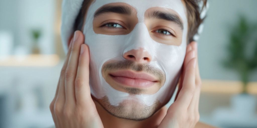 Man applying collagen mask in a modern bathroom.