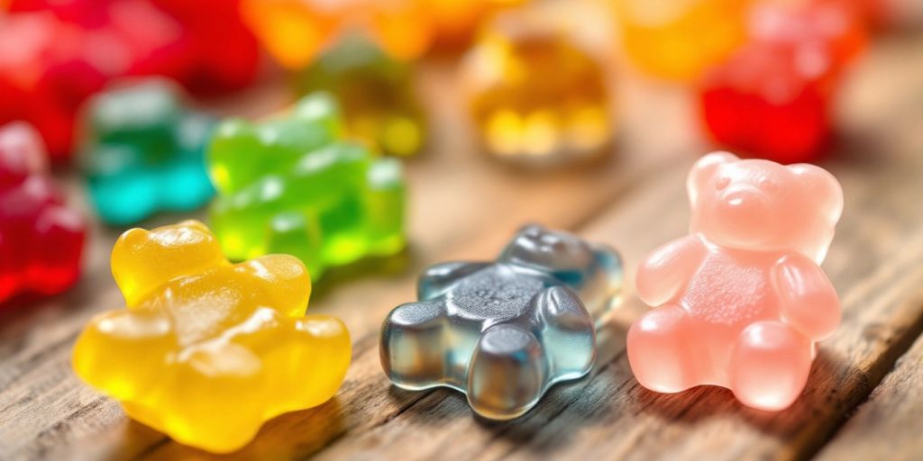 Colorful collagen gummies on a wooden surface.