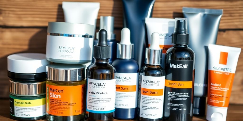 Skincare products for men arranged on a wooden surface.