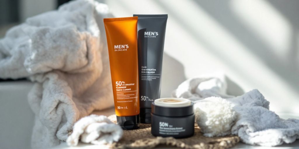 Men's skincare products in a bright bathroom setting.