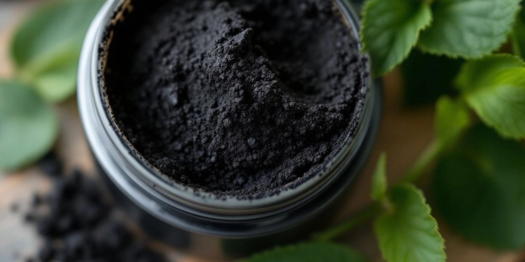 Charcoal exfoliator jar with black scrub and leaves.
