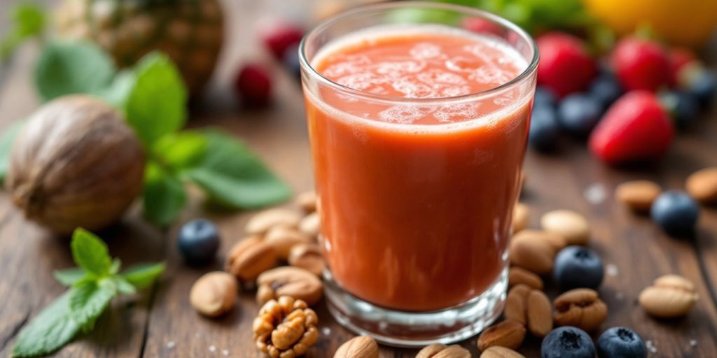 Collagen drink mix with fruits and nuts on a table.