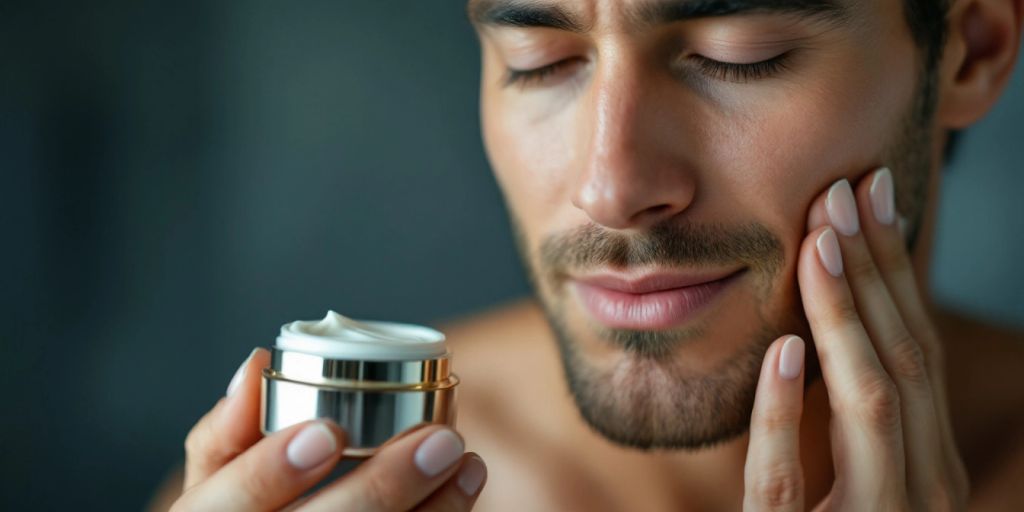 Man applying face cream for youthful skin.