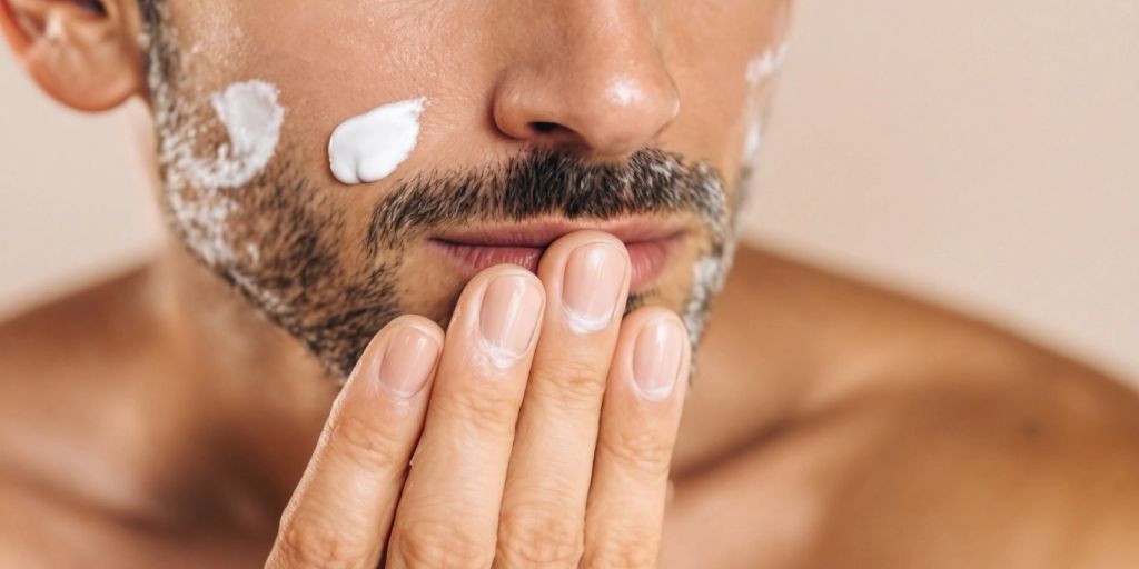 Man applying collagen cream to rejuvenate his skin.